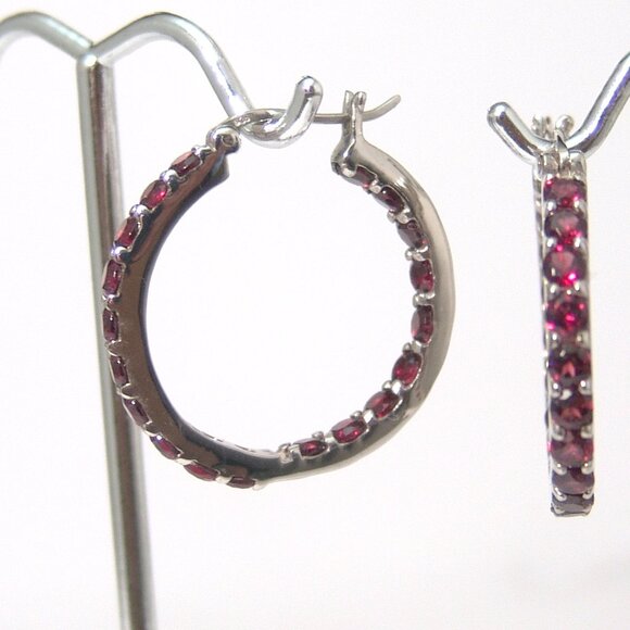 Sterling Silver Rhodolite Garnet Hoop Earrings 1 Inch Rhodium Anti Tarnish - Picture 3 of 8